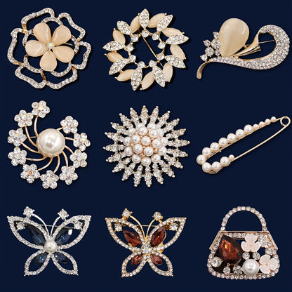 Rhinestone Inlaid Brooch Set – 9pcs. Elegant Luxury Corsage Pins for Women’s Suits, Jackets, Weddings, and Holiday Fashion Accessories