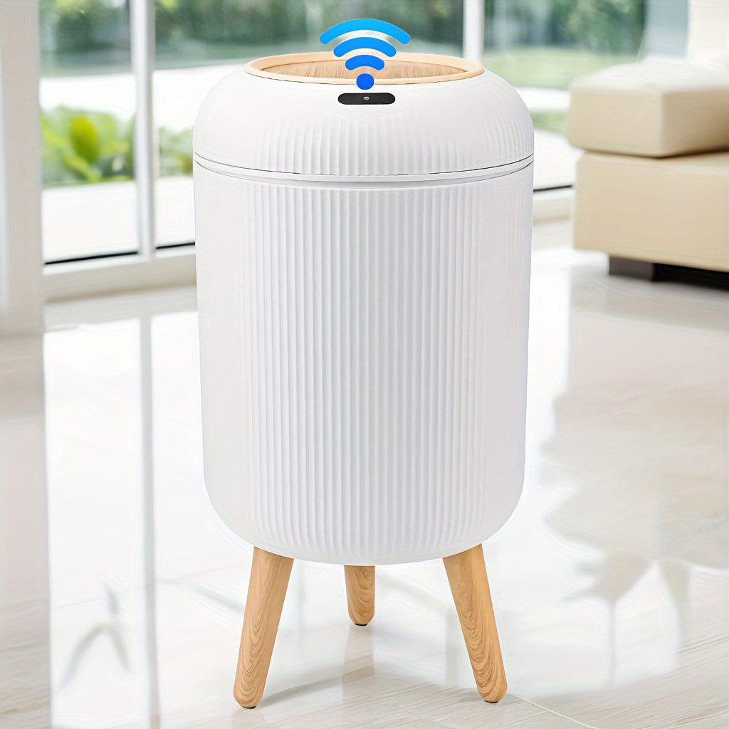 Smart Sensor Trash Can – White Motion-Activated Compactor Bin with Wooden Legs for Kitchen, Bathroom, and Office Use