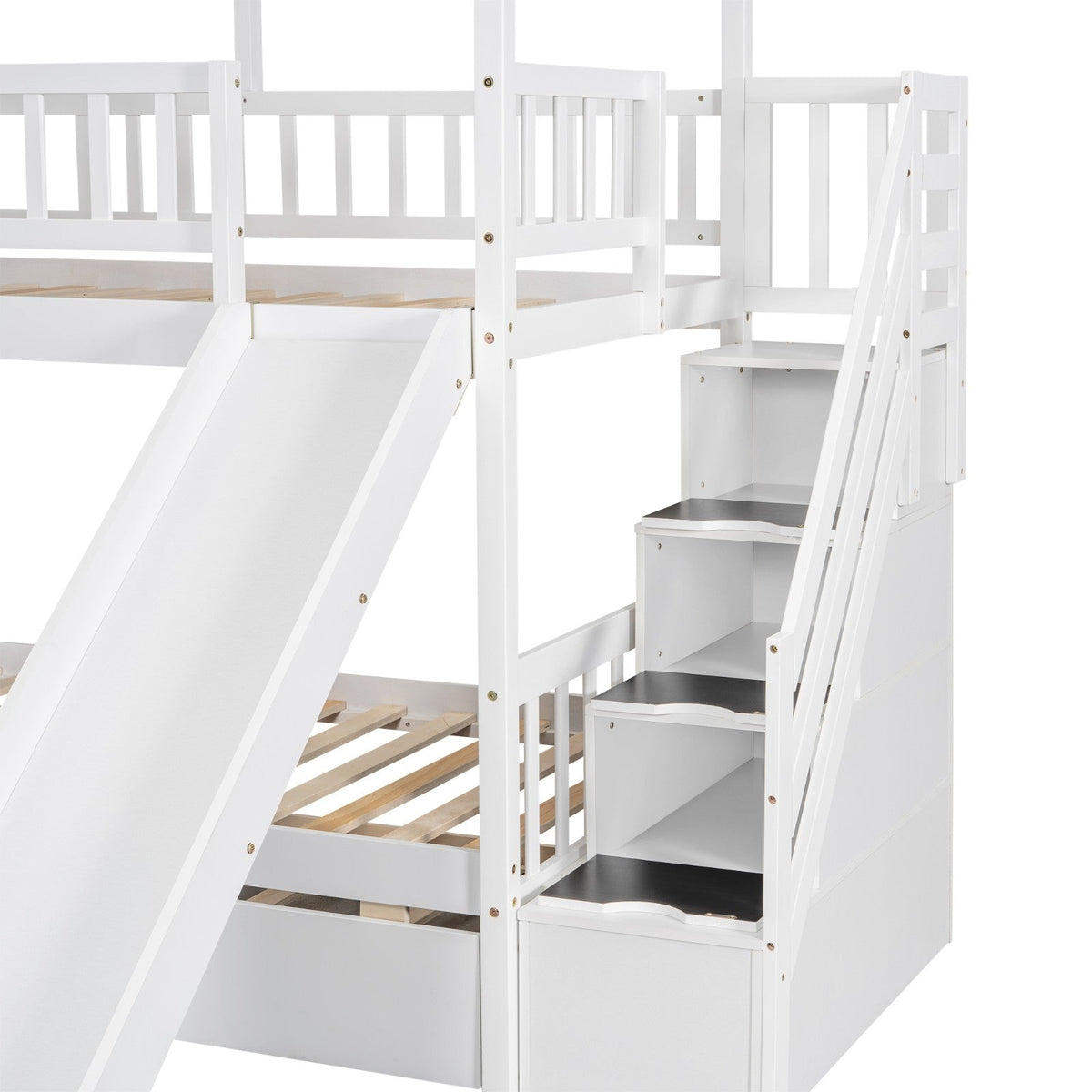 Twin over Twin House Bunk Bed with Roof and Window Design, Trundle, Slide, and Storage Staircase
