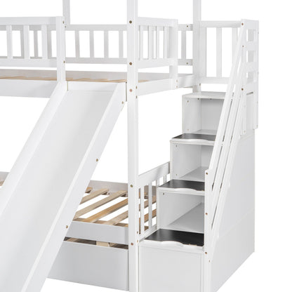 Twin over Twin House Bunk Bed with Roof and Window Design, Trundle, Slide, and Storage Staircase