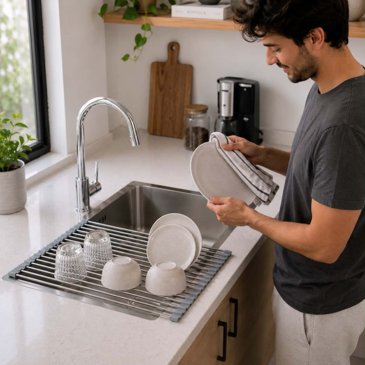 Stainless Steel Folding Drain Rack - Expandable Sink Organizer for Dishes, Fruits and Vegetables, Space-Saving Kitchen Storage Drying Rack