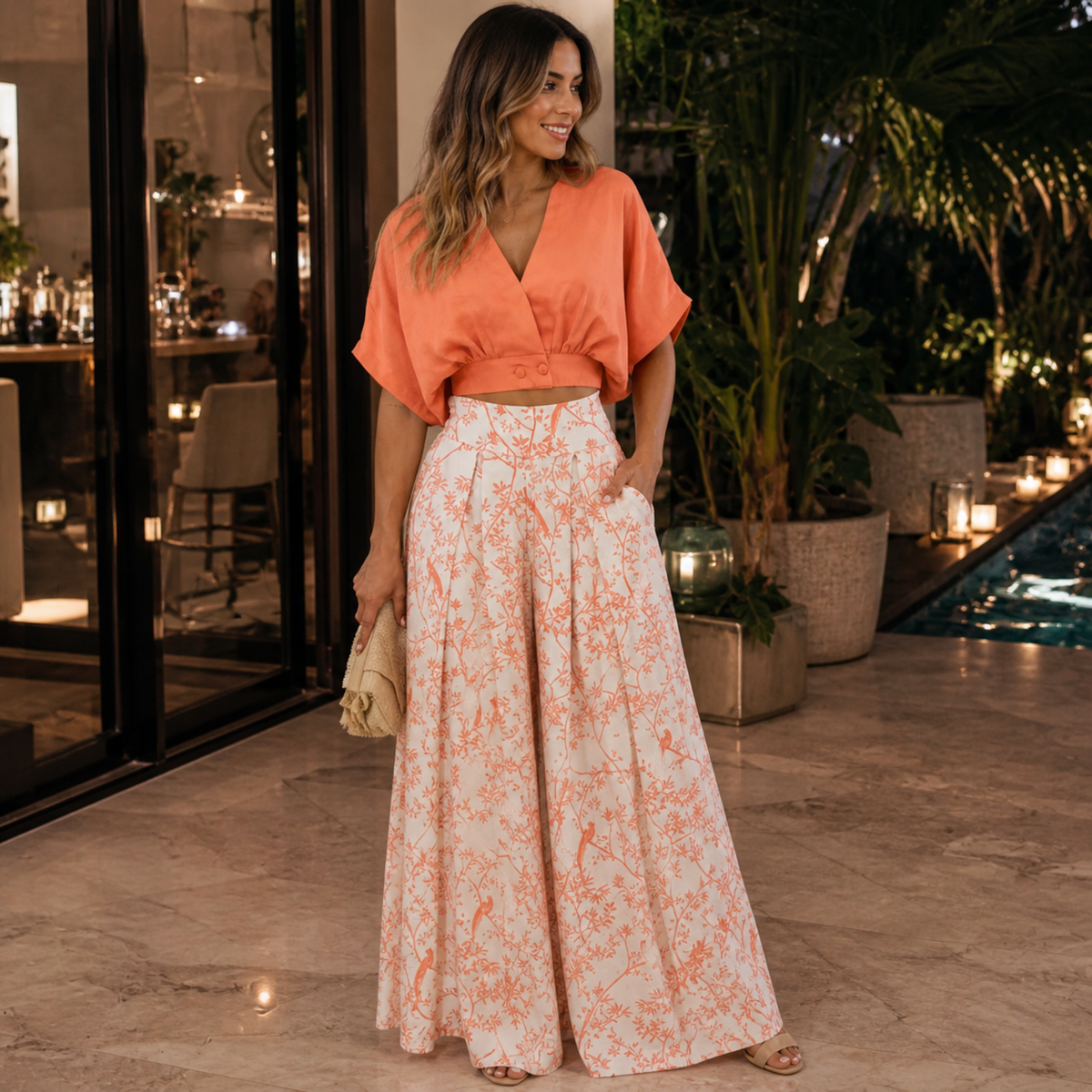 Casual Two Piece Outfit – Women’s V-Neck Top and Wide Leg Pants Set, Loose Fit Streetwear Fashion for Everyday Style