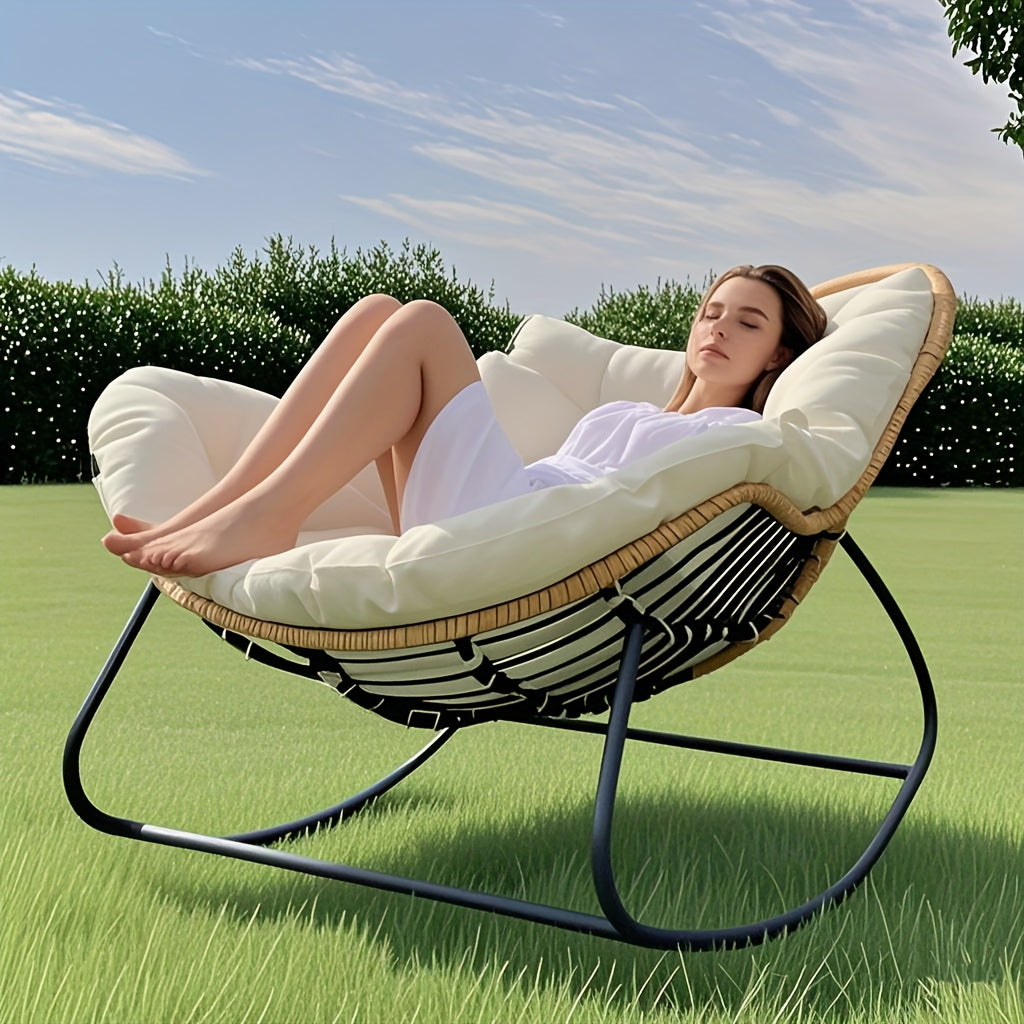 Oversized Outdoor Rocking Papasan Chair – Wicker Egg Lounge Chair with Thick Cushion for Patio and Backyard