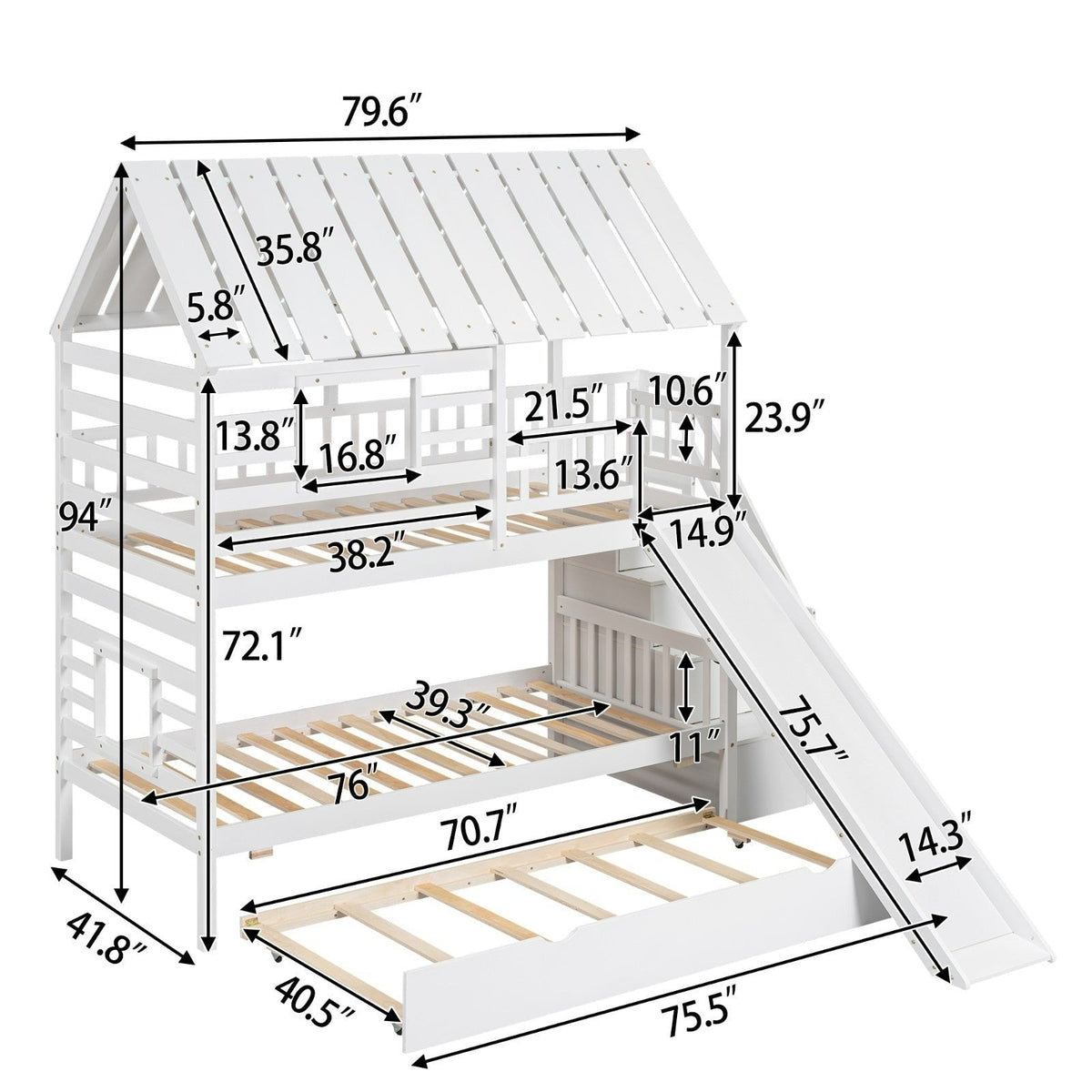 Twin over Twin House Bunk Bed with Roof and Window Design, Trundle, Slide, and Storage Staircase