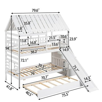 Twin over Twin House Bunk Bed with Roof and Window Design, Trundle, Slide, and Storage Staircase