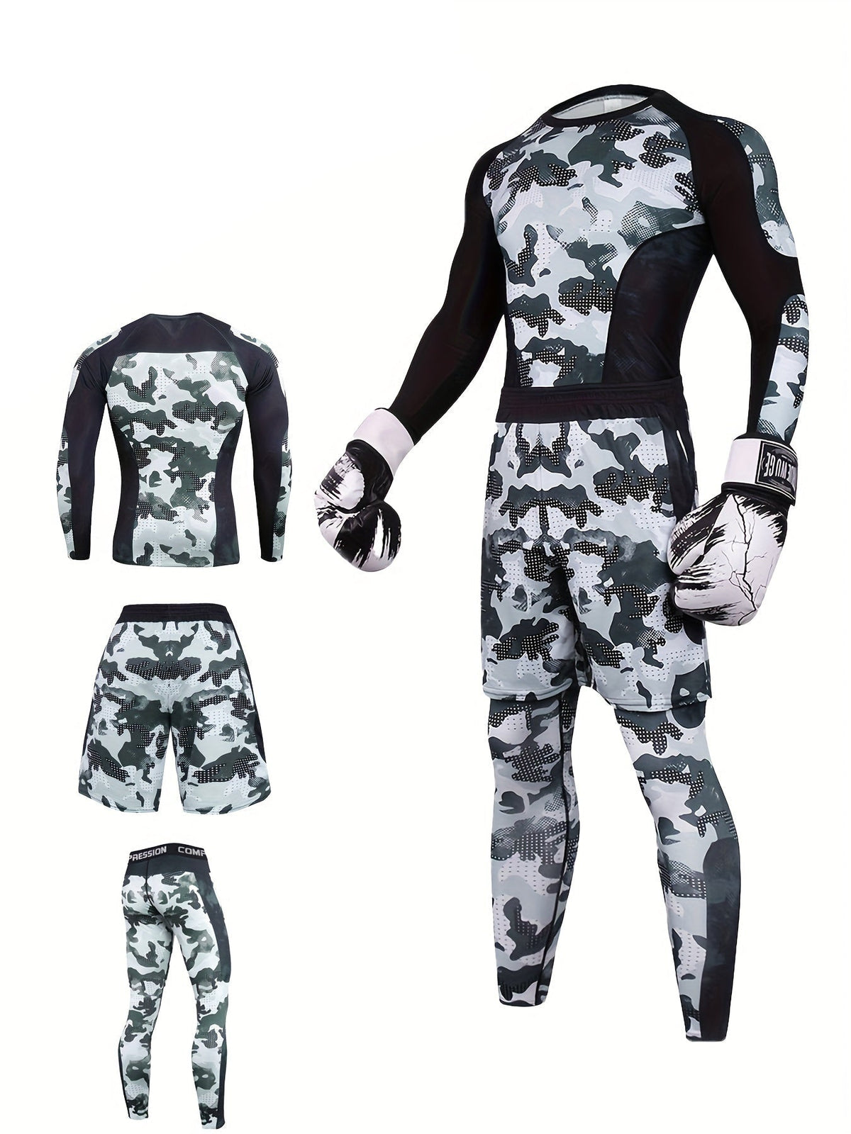 Men’s Camo Compression Training Set – Long Sleeve Top, Shorts & Leggings for Sports, Gym & Outdoor Fitness
