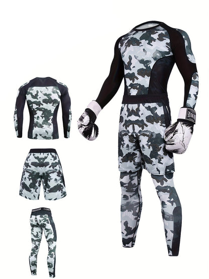 Men’s Camo Compression Training Set – Long Sleeve Top, Shorts & Leggings for Sports, Gym & Outdoor Fitness