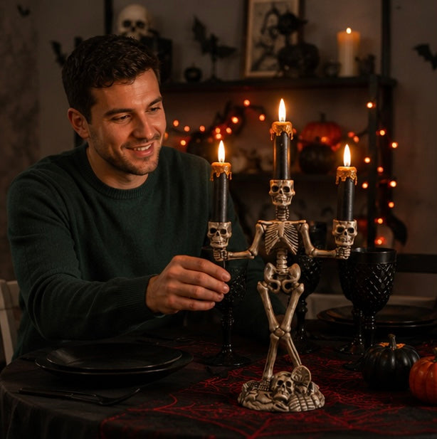 Halloween Skull Candlestick Holder – LED Flameless Candle Stand Horror Prop for Spooky Haunted House Party and Gothic Room Décor