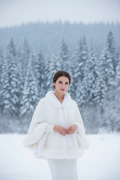 Women’s Faux Fur Cape Shawl – Chinese Style Qipao Poncho Coat with Thick Plush Design, Elegant Autumn Winter Outerwear for Sophisticated Cold Weather Fashion