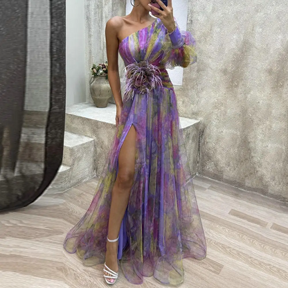 Mesh Tie Dye One-Shoulder Ball Gown with Slit – Floral Mesh Bubble Sleeve Split Evening Dress for Glamorous Events