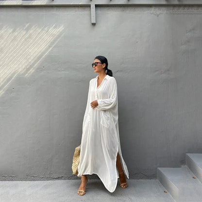 White Swimsuit Cover-Up Maxi Kaftan – Elegant Kimono-Style Beach Dress with Loose Fit, Side Pockets, and Lightweight Summer Tunic for Bathing Suits