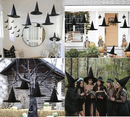 Halloween Hanging Witches Hats – Bulk Black Wizard Hats with Rope for Outdoor Porch Party Decoration and Favors