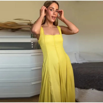 Women’s Elegant Square Collar Ruffle Swing Dress – Backless Sleeveless A-line Maxi for Summer Parties, Vacations, and Beachside Glam Looks