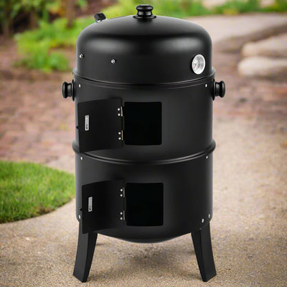Portable Vertical Charcoal Smoker Grill – 3-Layer Outdoor BBQ Cooker with Large Cooking Capacity, Easy Heat Control, and Durable Black Construction for Camping and Picnics