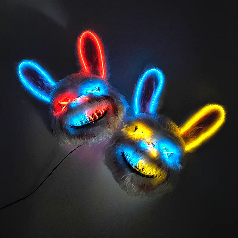 Halloween Bloody Bear Killer Mask – LED Light-Up Flashing Neon Horror Mask for Scary Cosplay, Costume Parties, and Haunted House Decoration