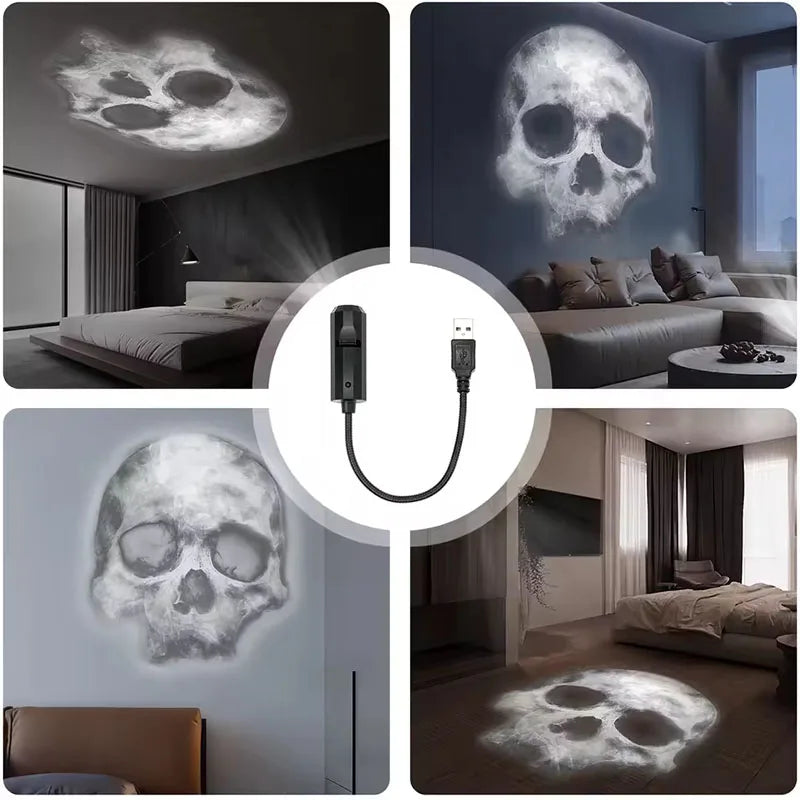 Halloween Skull Projector Light – USB Powered LED Ghost Night Lamp with Rotating Patterns for Creepy Dark Room Ambience Decor