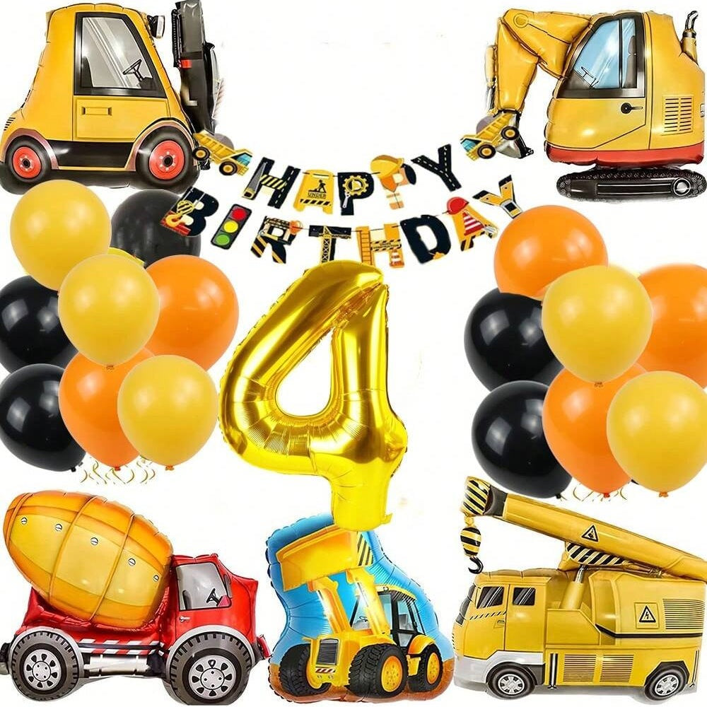 Construction Vehicle Balloon Set – Birthday Party Decor Featuring Excavator, Fire Truck & Tractor Theme Designs