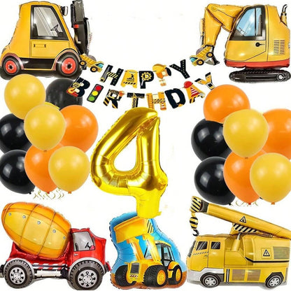 Construction Vehicle Balloon Set – Birthday Party Decor Featuring Excavator, Fire Truck & Tractor Theme Designs