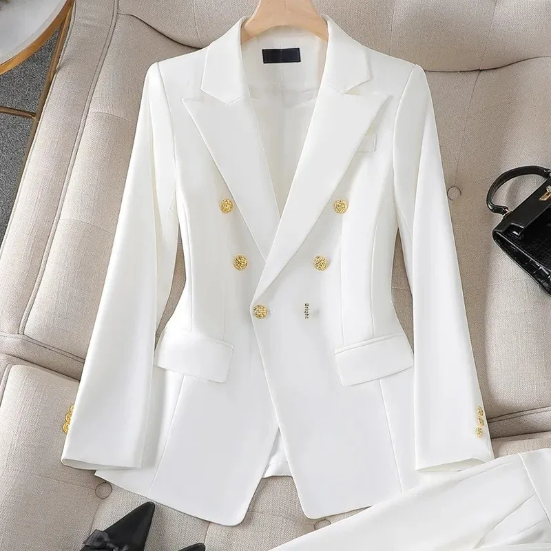 Women's Pant Suit – Double Breasted Business Blazer Set, Gold Buttons – Blazer, Pants or Skirt