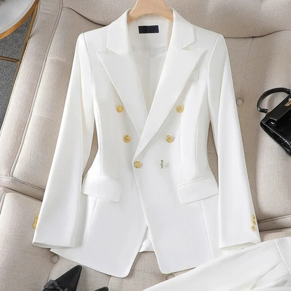 Women's Pant Suit – Double Breasted Business Blazer Set, Gold Buttons – Blazer, Pants or Skirt