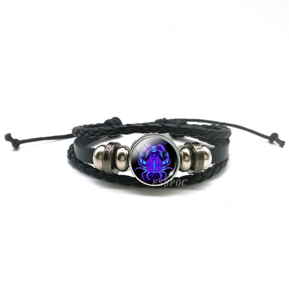 Handwoven Zodiac Leather Charm Bracelet – 12 Constellation Signs, Vintage Couple Gift for Women & Astrology Lovers