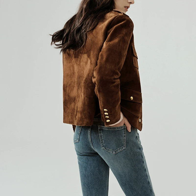 Snap Down Vintage Suede Short Coat – Slim Fit Double-Breasted Jacket with Gold Buttons for Autumn Elegance