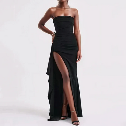Strapless High-Slit Black Long Dress – Sexy Backless Evening Gown for Parties, Summer Nights & Casual Chic