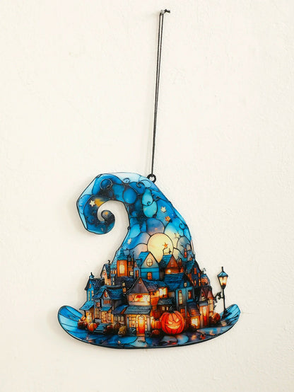 Halloween Witch Hat Hanging Decoration – Acrylic Pumpkin Town Window Pendant Ornament for Bedroom, Living Room, Home, and Party Décor