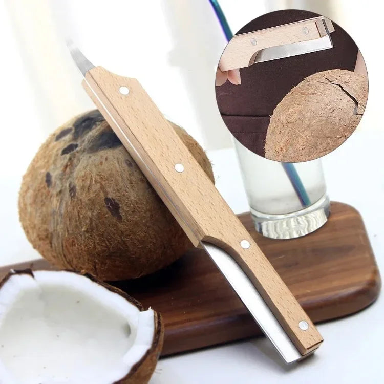 Multifunctional Coconut Knife & Fruit Opener – Stainless Steel Coconut Shell Cutter with Wooden Handle for Safe, Easy Kitchen Food Preparation