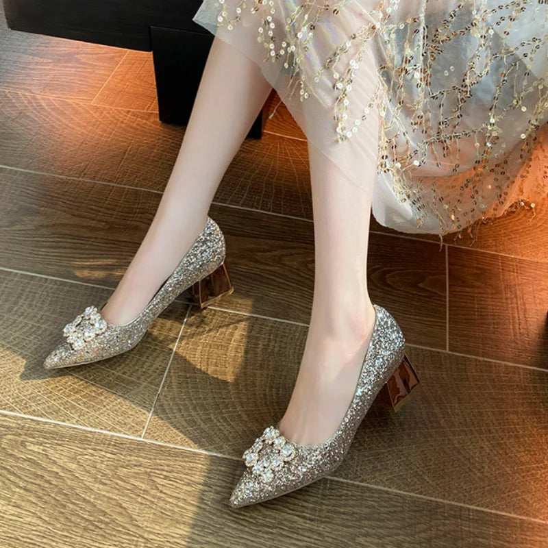 Rhinestone Wedding Shoes – Glitter Block Heel Pumps with Crystal Bow Buckle for Weddings and Parties