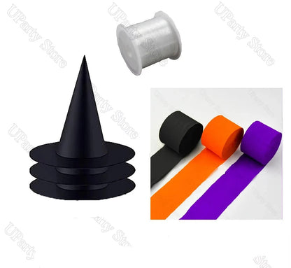 Halloween Hanging Witches Hats – Bulk Black Wizard Hats with Rope for Outdoor Porch Party Decoration and Favors