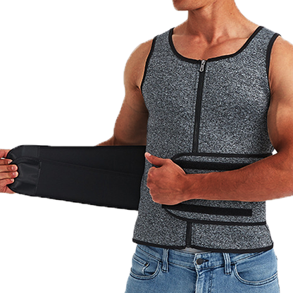 Men's Double Belt Shapewear Vest - High-Performance Neoprene Sweat Bodysuit - Extreme Waist Cincher & Belly Control - Firm Compression, Sporty Gray