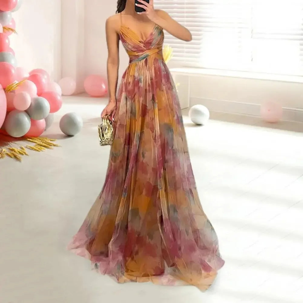 Sexy Hollow-Out Party Maxi Dress – Women’s Summer Print Sleeveless Lace-Up Vestido for Lounge, Outdoor Events or Evening Glamour