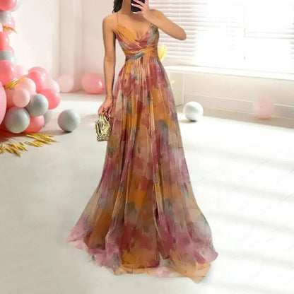Sexy Hollow-Out Party Maxi Dress – Women’s Summer Print Sleeveless Lace-Up Vestido for Lounge, Outdoor Events or Evening Glamour