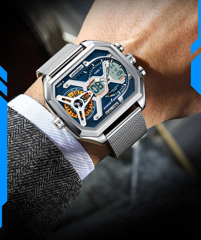 Men's LED Watch – Waterproof Rectangle Stainless Steel Quartz Timepiece with Week & Date Display, Elegant Fashion Accessory