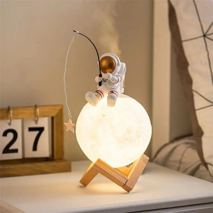 Moon with Astronaut Mini Night Light & Humidifier – Resin Spaceman Home Décor & Cold Fog Machine