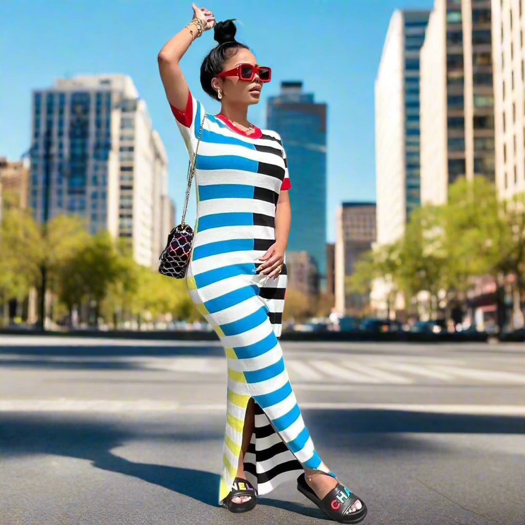 Chic Short SleeveStriped Dress – Round Neck, Polyester-Spandex Blend for Spring and Summer Casual Comfort, Machine Washable
