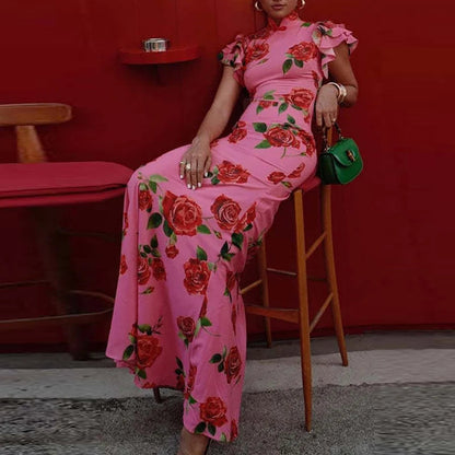 Asymmetrical Printed Turtleneck Long Dress – Women’s Fall/Winter Maxi Fashion, Full Sleeves, Chic Style for Modern Elegance