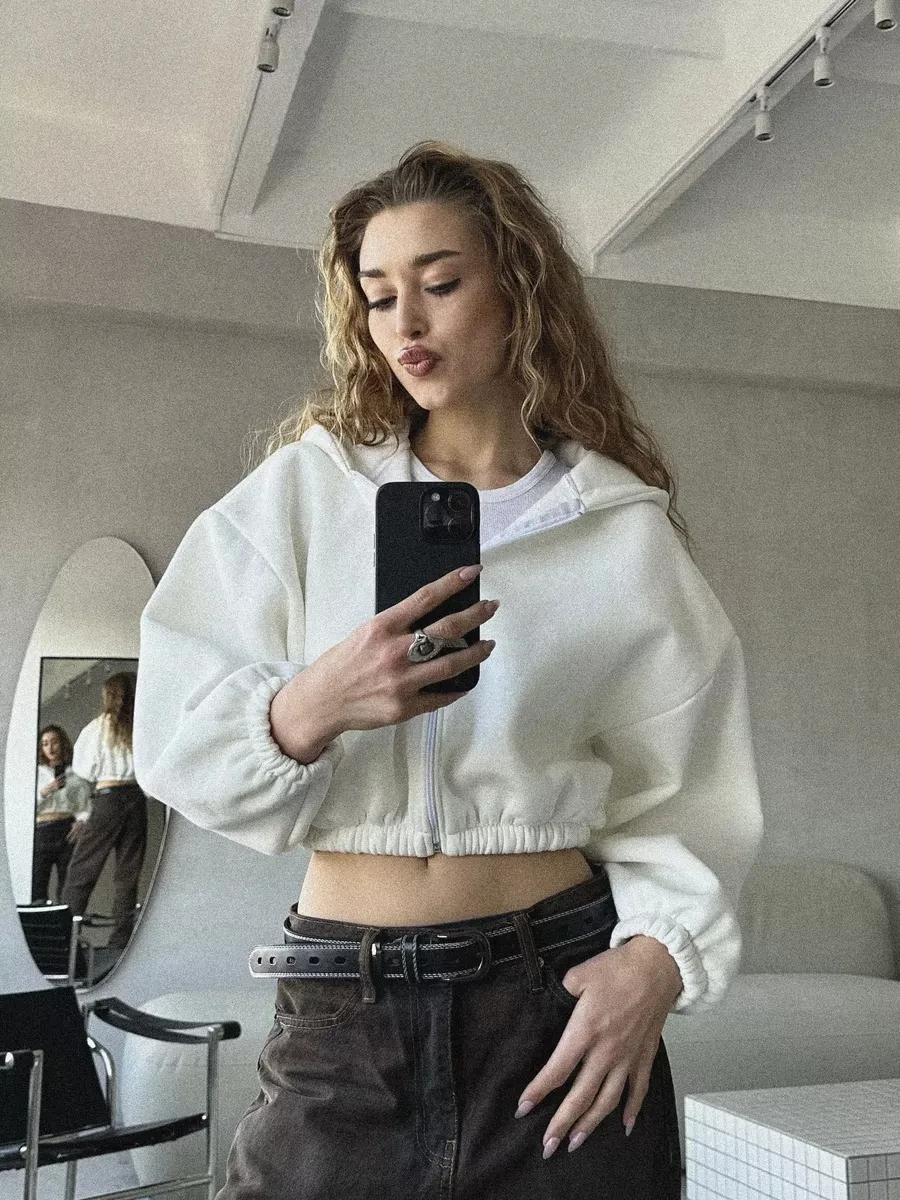 Trendy Y2K Cropped Hoodie Jacket – Zip-Up Loose-Fit Sweatshirt for Fall Street-Style Vibes