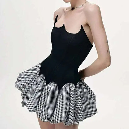 Spring Strapless Skirt - Fashion-Forward Bandage Back Plaid A-Line Skirt with High Elastic Waist for Modern Women