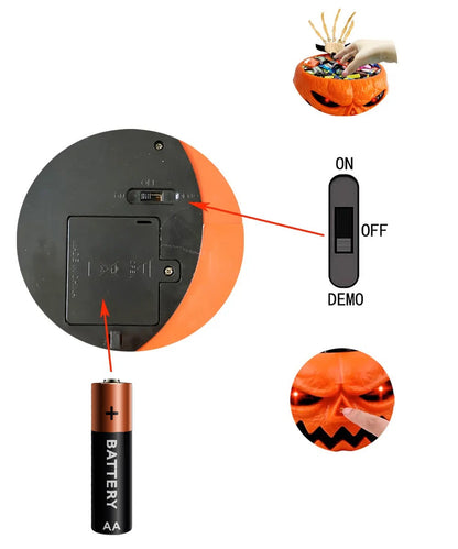 Halloween Animated Candy Bowl – Pumpkin Skeleton Dish with LED Red Eyes, Spooky Sound, and Moving Hand Party Decoration Prop