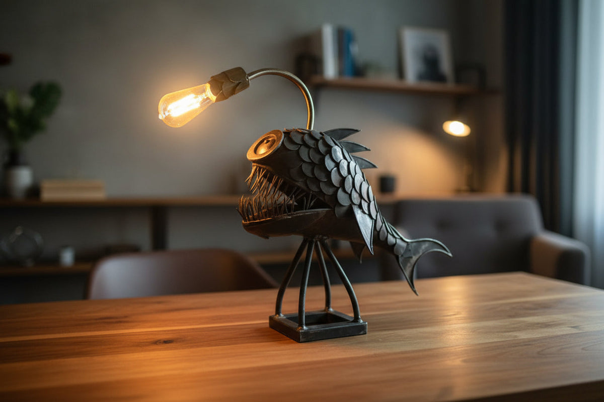 Modern LED Lantern Fish Table Lamp – Deep-Sea Inspired Desk Light for Bedroom, Study and Living Room Decor
