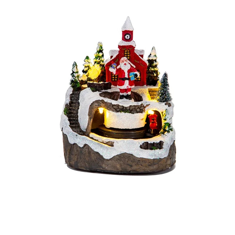 Christmas Popcorn Scene Music Gift Box – Rotating Santa Village Tabletop Decoration with Lights, Holiday Display Ornament for Kids & Home