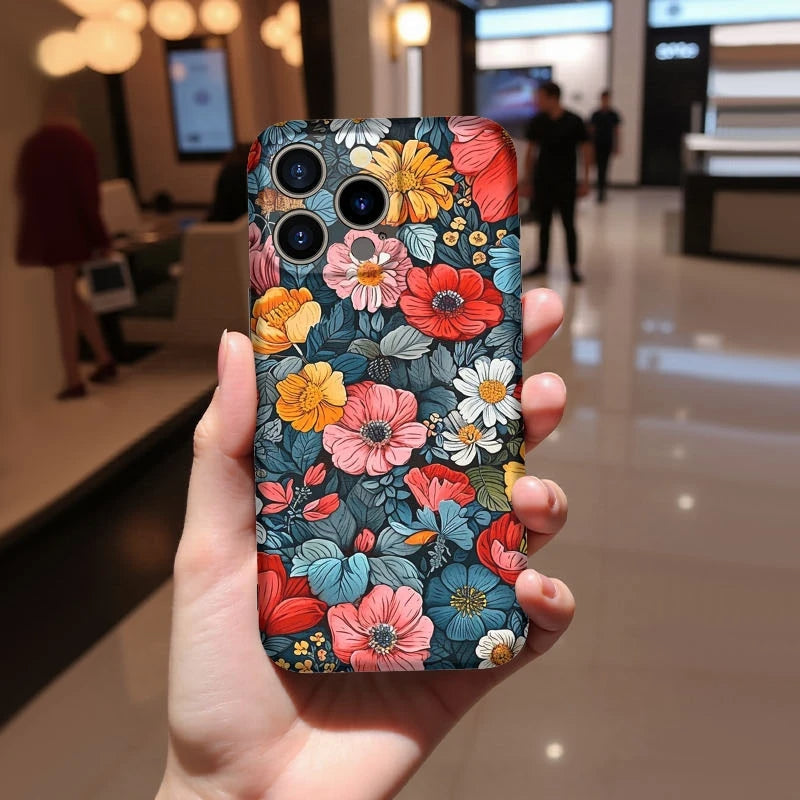Custom Silicone Oil Painting Flower iPhone Case – iPhone 11–16 Series Vintage Floral 2-in-1 Anti-Slip Shockproof Scratch-Resistant Non-Fading HD Print