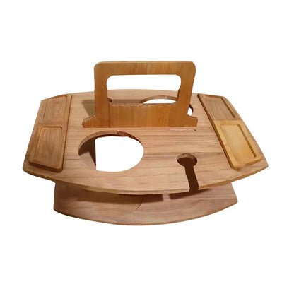 Foldable Wooden Wine Picnic Table – Round Outdoor Snack Tray with Glass Holders for Elegant Al Fresco Dining
