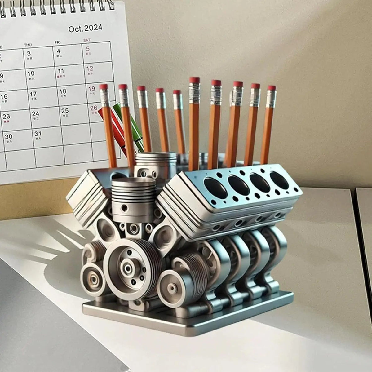 Creative V8 Engine Pen Holder - Eye-Catching Desk Ornament for Gearheads, Office Fun & Unique Gift Idea for Men