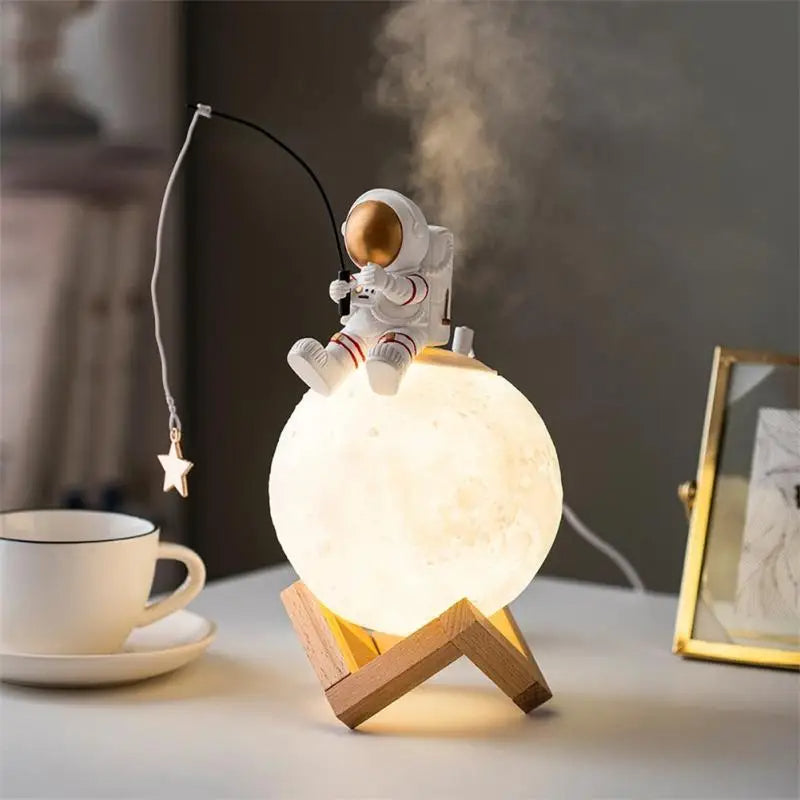 Moon with Astronaut Mini Night Light & Humidifier – Resin Spaceman Home Décor & Cold Fog Machine