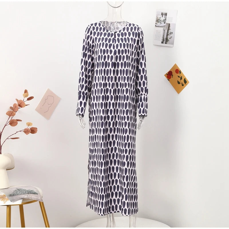 Floral Geometric Split Dress – Women’s Summer Long Sleeve V-Neck Ankle-Length Print Dress for Casual Fashion and Comfortable Elegance