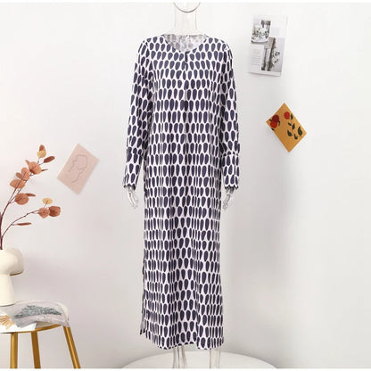 Floral Geometric Split Dress – Women’s Summer Long Sleeve V-Neck Ankle-Length Print Dress for Casual Fashion and Comfortable Elegance