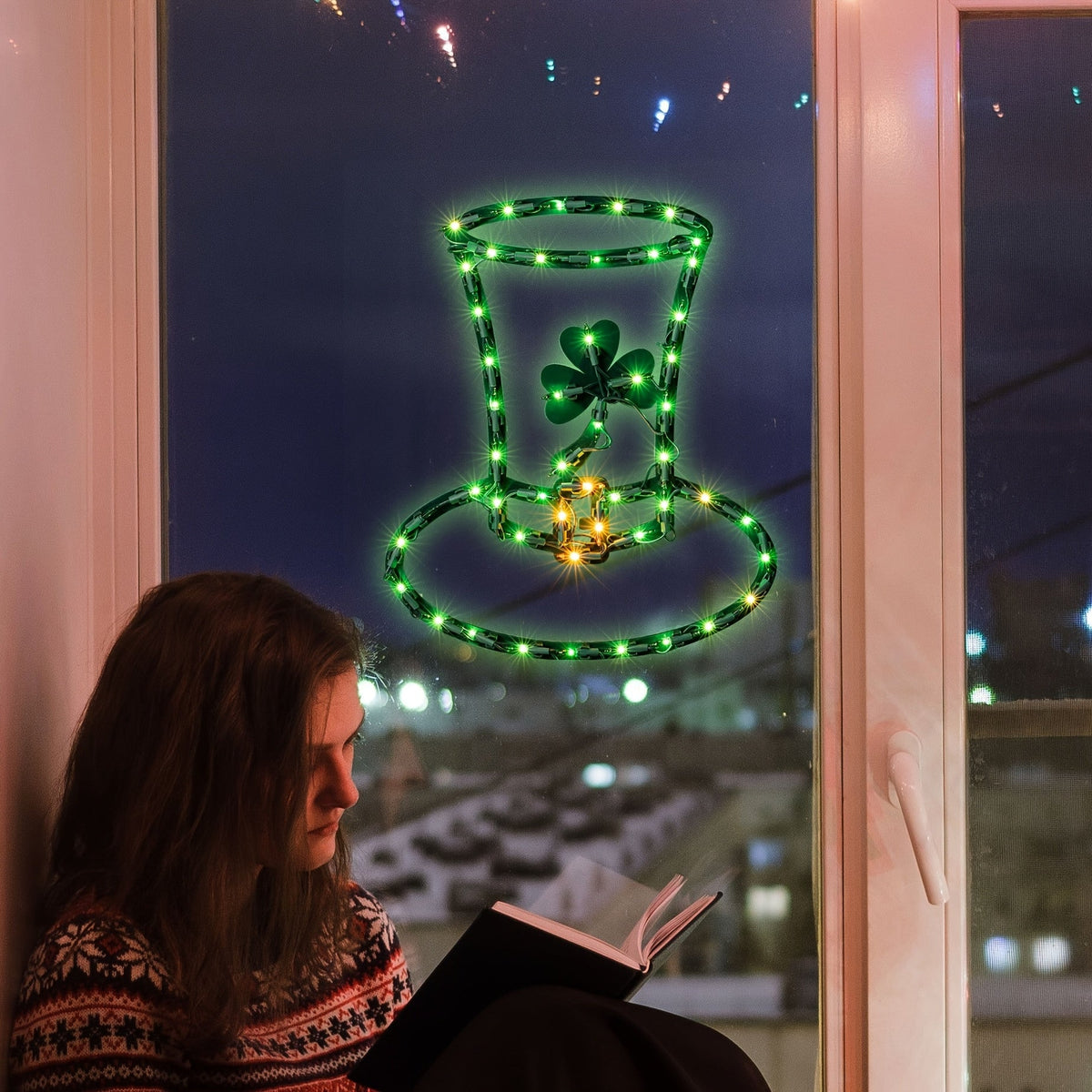 Lighted Irish Shamrock Window Decoration – 15" Radiant Green Silhouette Adds Festive Glow to St. Patrick’s Day Celebrations